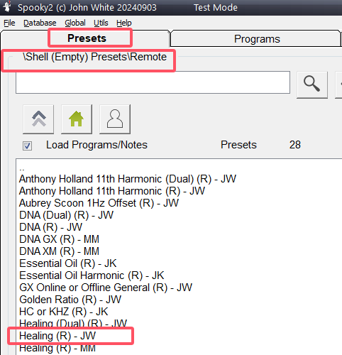 Select the Preset: In Spooky2 software, go to Shell (Empty) Presets > Remote > Healing (C) – JW.