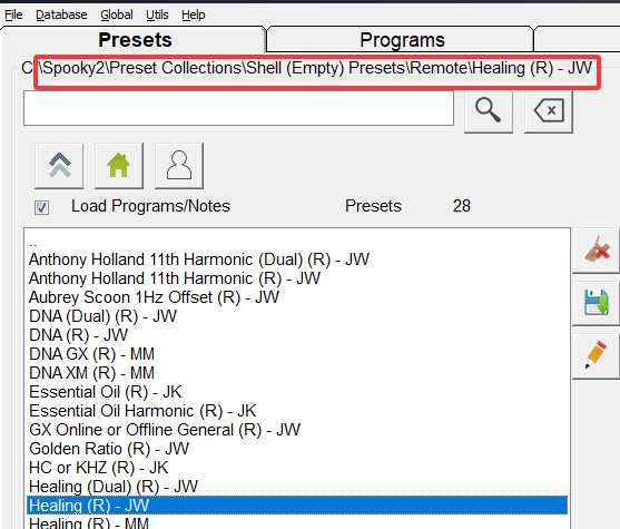 Open Spooky2 Software and navigate to: Shell (Empty) Presets > Remote > Healing (R) – JW. This preset is optimized for long-term, gentle healing in Remote Mode.