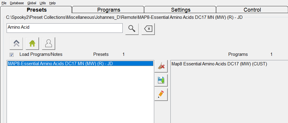 For amino acid support, try: Preset Collections ＞ Miscellaneous ＞ Johannes_D ＞ Remote ＞ MAP8-Essential Amino Acids DC17 MN (MWV) (R) - JD